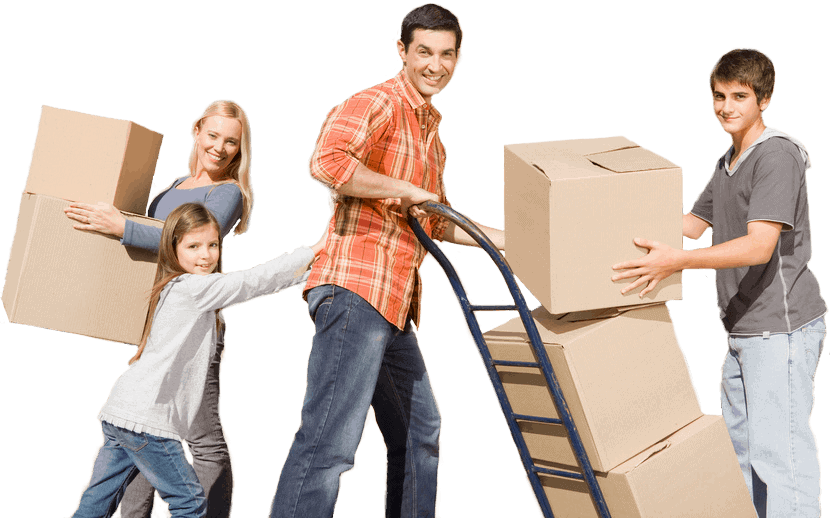 Happy family moving boxes